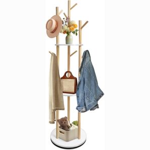 【新品未開封】 GIBLEA 360°回転式 コートハンガー 木製 天然無垢材 高さ165cm 口径40cm 三段棚 9フック
