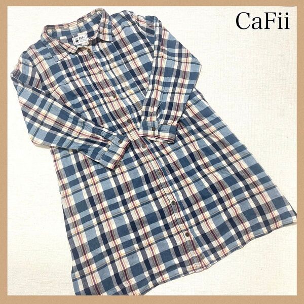 CaFii トップス ロングシャツワンピース 3L チェック レトロ 長袖 古着 チェック柄 ネイビー