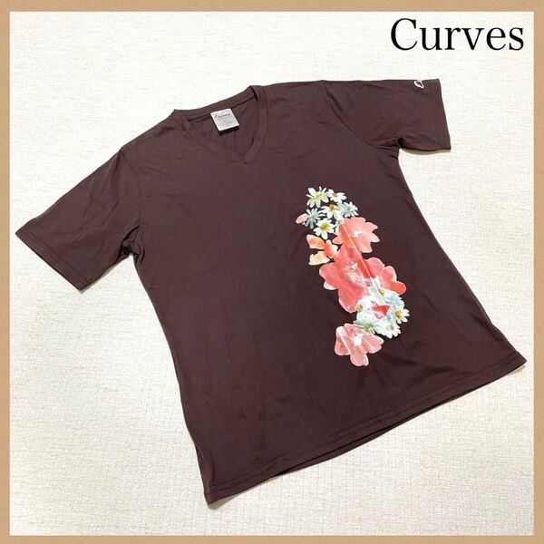 Curves カーブス 半袖シャツ SA ハワイアンシャツ トップス ブラウン 半袖Tシャツ Vネック