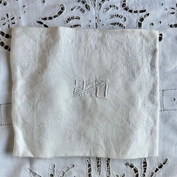 白刺繍 アンティーク フランス イニシャル リネン キッチンクロス モノグラム