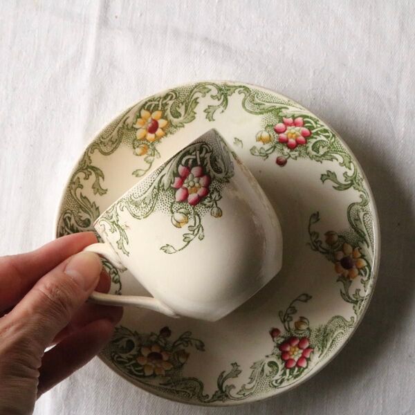 Sarreguemines グリーン カップ ソーサー ボタニカル c&s