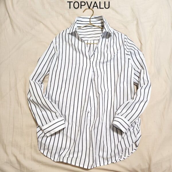 TOPVALU トップバリュ イオン 2WAYオープンカラーシャツ ストライプ柄 白×墨黒 M