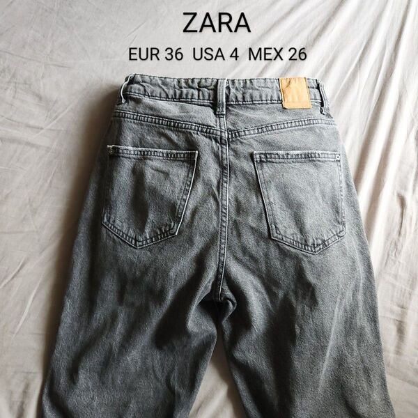 ZARA ユーズド加工 ハイウエストテーパードデニムパンツ スミクロ グレー