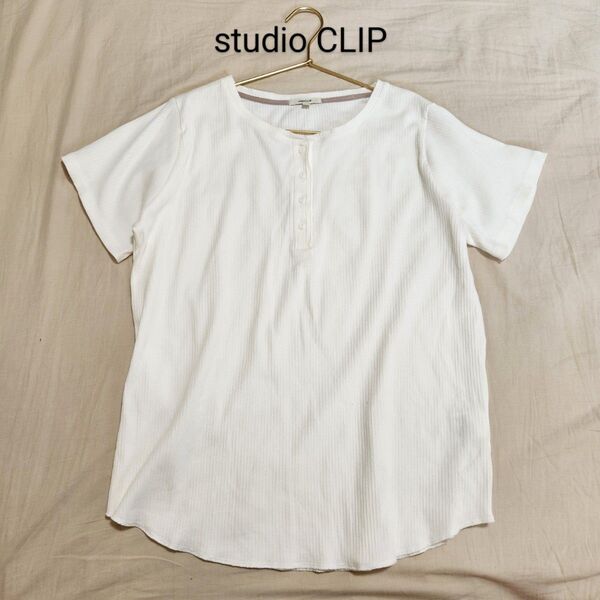studio CLIP 大きいサイズ 半袖ヘンリーネックリブカットソー オフホワイト 3L