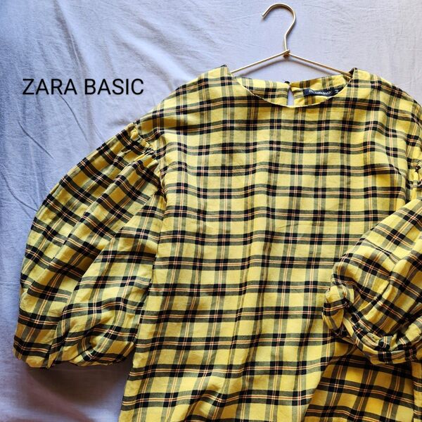 ZARA BASIC ザラベーシック タータンチェック柄 袖コンシャスプルオーバーブラウス イエロー USA M