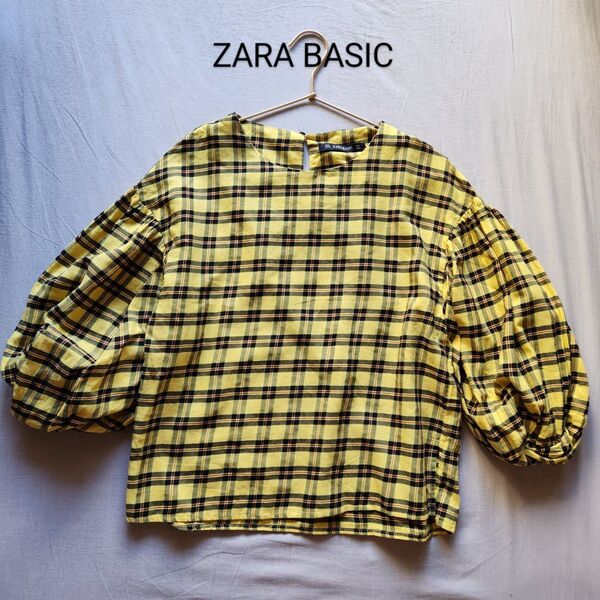 ZARA BASIC ザラベーシック タータンチェック柄 袖コンシャスプルオーバーブラウス イエロー USA M