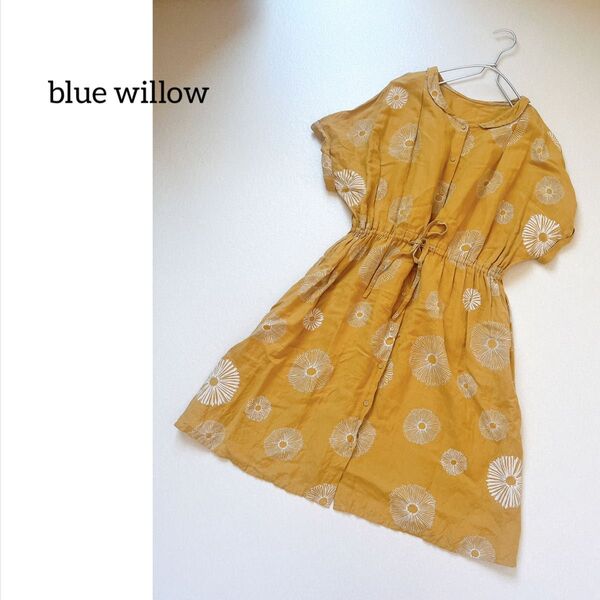 美品 blue willow ブルーウィロー 丸襟 リネン混 シャツワンピース 麻