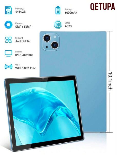 Qetupa 10.1インチ M19 Android 14 タブレット、4GB RAM+64GB ROM、
