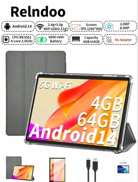 Relndoo 2025年最新 10.1インチ Android タブレット、ケース付き、RK3562 クアッドコア 2.0GHz、