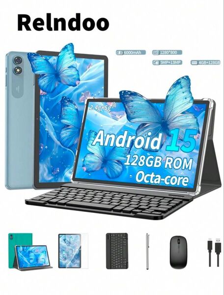 Relndoo Android 15 タブレット キーボード&マウス付き、10インチタブレット付きラップトップケース、スタイラス