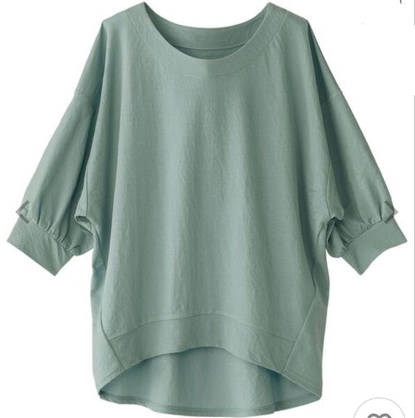 Tシャツ トップス 五部袖ギャザー デザインプルオーバー(セージグリーン) 接触冷感・クールネック