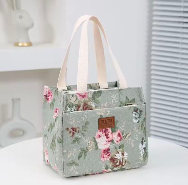 【週末限定】花柄 保冷バック ポケット付き(グリーン系)