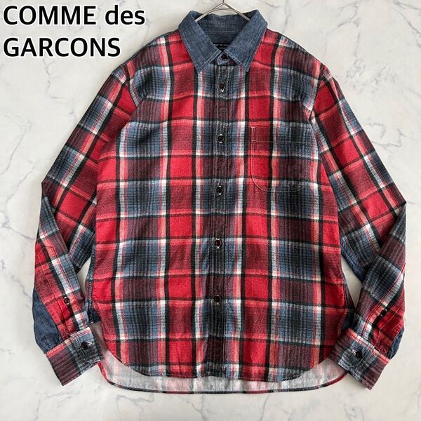 COMME des GARCONS HOMME コムデギャルソンオム 長袖 ネルシャツ 異素材切替 デニム生地 ドッキング S