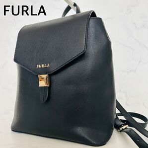 【美品】FURLA フルラ サフィアーノ レザー リュックサック ブラック 黒 ゴールド金具 ロゴ刻印