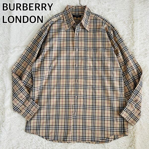 【美品】BURBERRY LONDON バーバリーロンドン 長袖シャツ ノバチェック ベージュ ロゴボタン L
