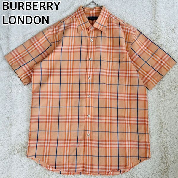 BURBERRY LONDON バーバリーロンドン 半袖シャツ リネン混 麻 ノバチェック オレンジ L