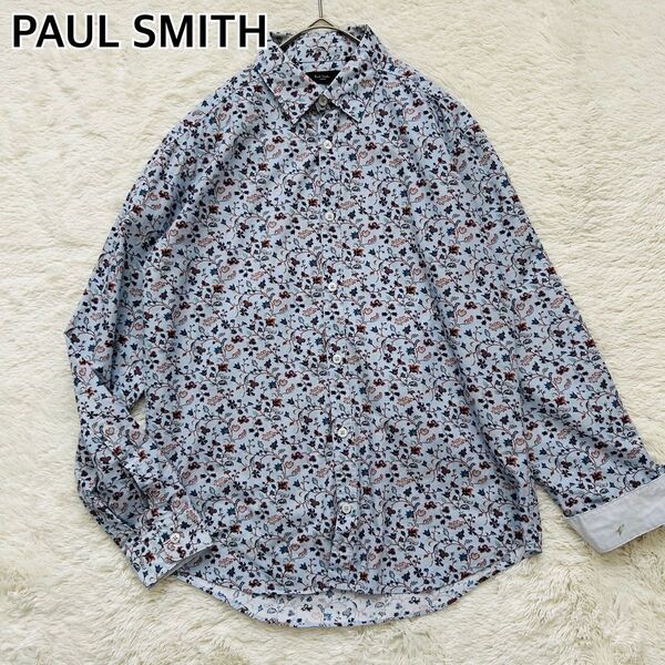 PAUL SMITH ポールスミス 長袖シャツ 花柄 鳥柄 総柄 ボタン切替 水色 M