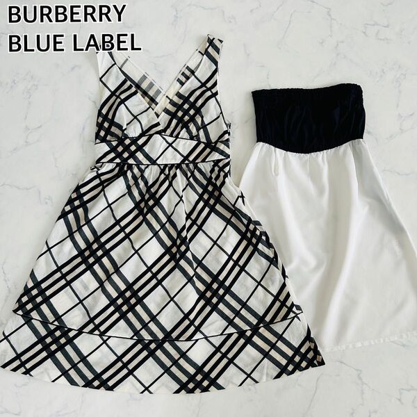 BURBERRY BLUE LABEL バーバリーブルーレーベル リネン混 ノースリーブワンピース カシュクール ノバチェック