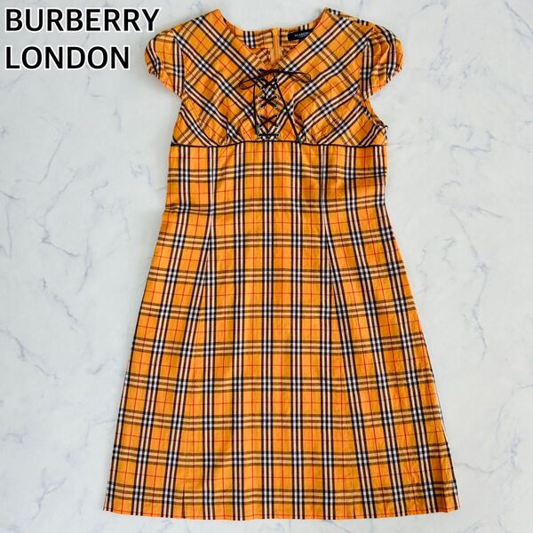 BURBERRY LODON バーバリーロンドン リネン混 麻 キッズ 半袖ワンピース ノバチェック オレンジ 女の子 150
