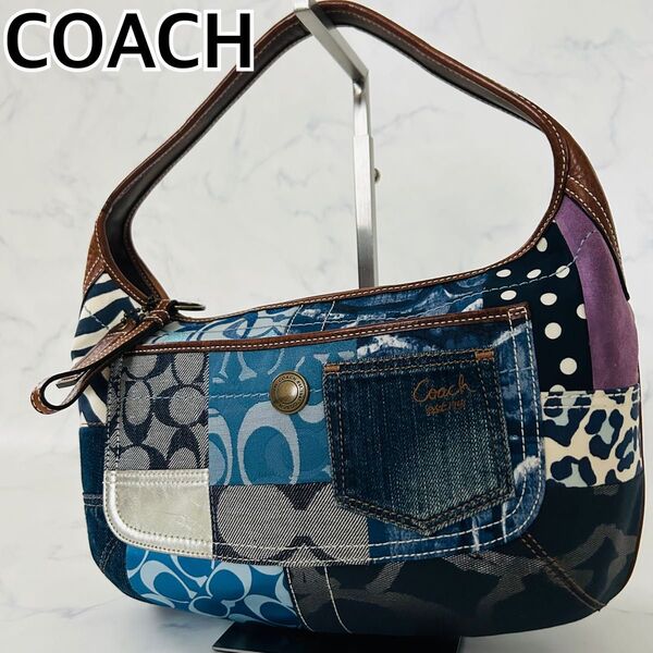COACH コーチ デニム パッチワーク キャンバス ワンショルダー ハンドバッグ シグネチャー 10808
