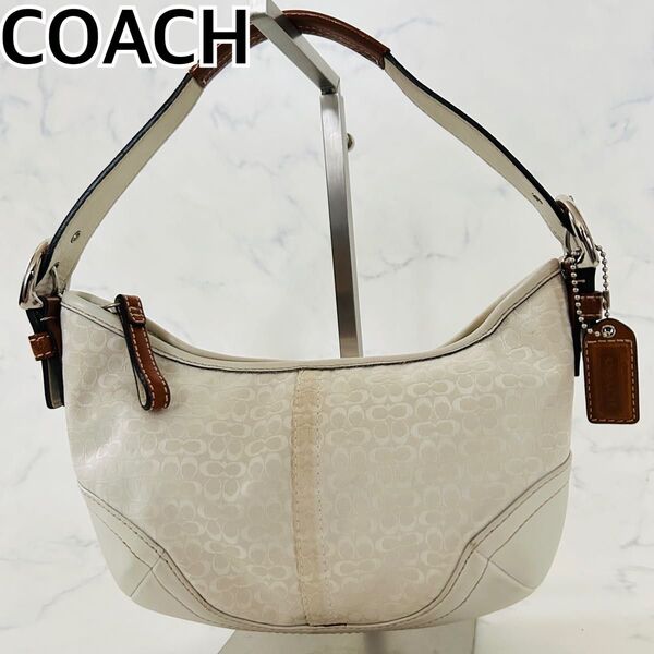 COACH コーチ ワンショルダーバッグ バック ソーホー ホーボー ミニシグネチャー キャンバス レザー 白 ホワイト