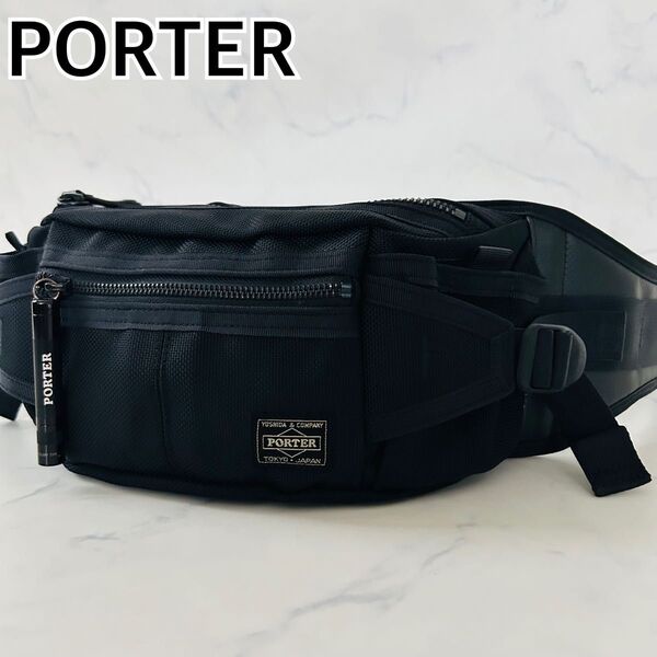 【美品】PORTER HEAT ポーター ヒート ウエストバッグ ボディバッグ バック ナイロン マグライト付 ブラック 黒