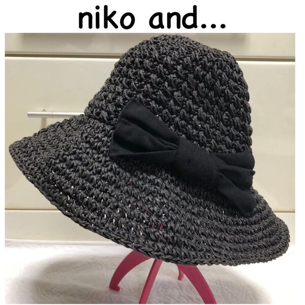ニコアンド リネンBIGリボン付き ペーパー 麦わら帽子 ブラック 黒 フリー nikoand... 麻 ストローハット