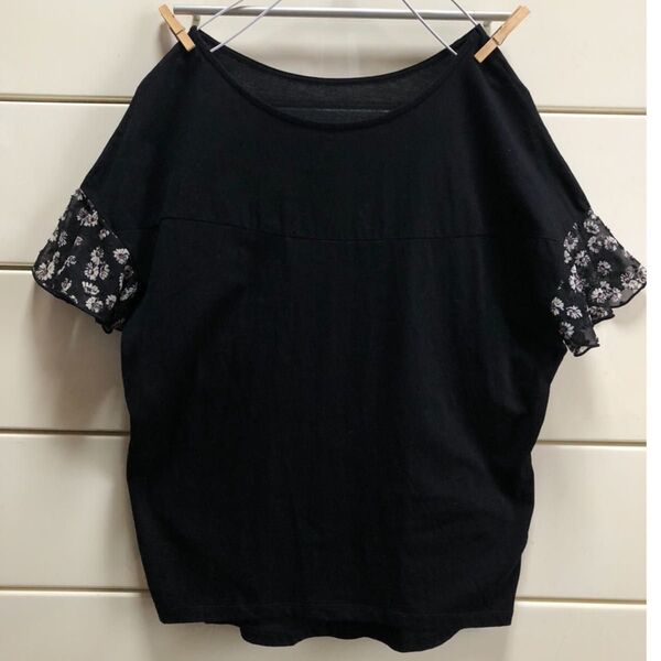フラワー ドット刺繍 シアー スリーブ コットン 半袖Tシャツ カットソー 黒 ブラック 半袖カットソー フリー トップス