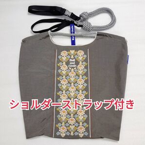 М 花柄 刺繍 バッグ ショルダーストラップ付 エコバッグ フラワー ダークグレー М 花 バンダナ トートバッグ 刺繍バッグ 黒