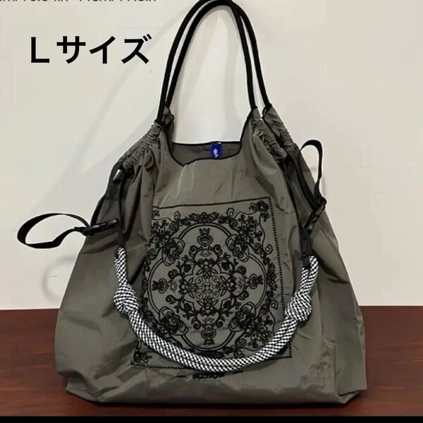 刺繍エコバッグ トートバッグ ボヘミアンダマスク柄フラワー Lサイズ ショルダーベルト付き