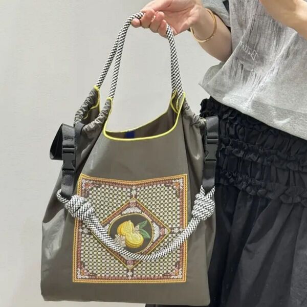 刺繍エコバッグ レモン柄 ショルダーベルト付き M