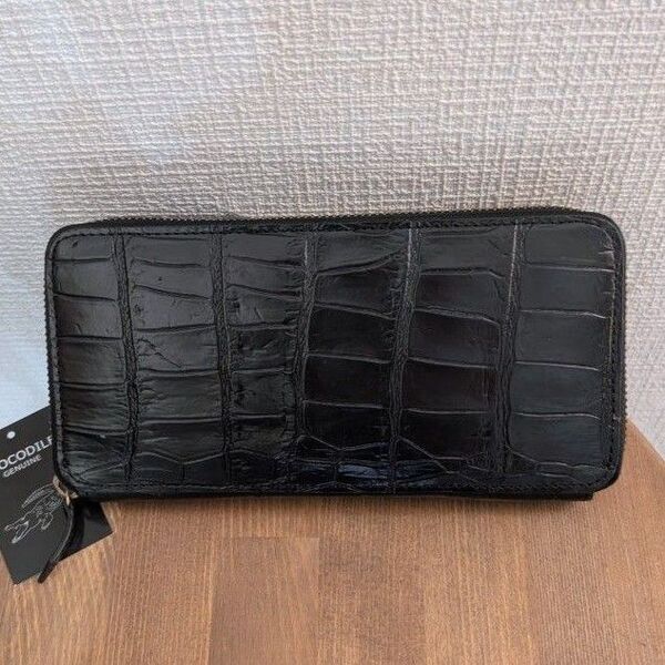クロコダイル 長財布 ラウンドファスナー クロコ 財布 ブラック レザー