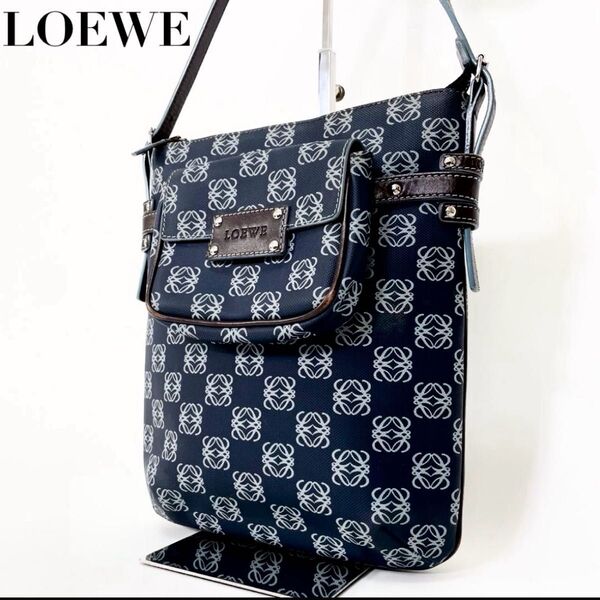 LOEWE ロエベ アナグラム柄 ショルダーバッグ ポーチ付き ユニセックス 男女兼用 ネイビー 紺色 クロスボディ