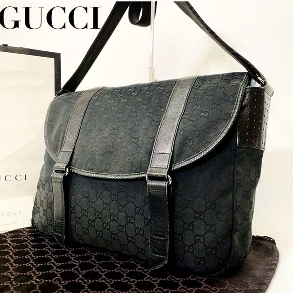 GUCCI グッチ GG柄 メッセンジャーバッグ ショルダーバッグ ブラック 黒 レザー×キャンバス メンズ ユニセックス