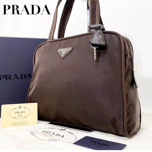 PRADA プラダ ギャラカード 鍵付き 保存袋付き ナイロン ハンドバッグ トートバッグ ブラウン 茶 三角ロゴ レディース