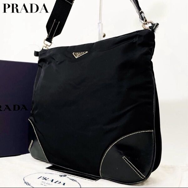 PRADA プラダ ショルダーバッグ 三角ロゴ 三角プレート ブラック 黒ナイロン レザー切り替え 白タグ 正規品 レディース