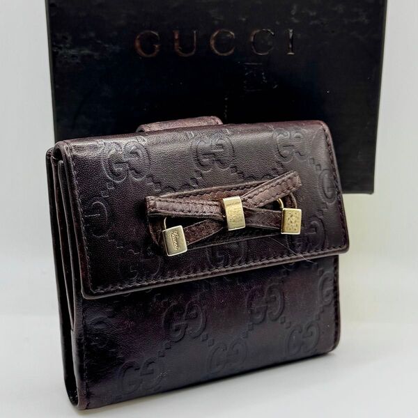 【正規品】GUCCI グッチ GG柄 レザー 二つ折り財布 リボン金具 ブラウン 茶系 箱付き ヴィンテージ レディース