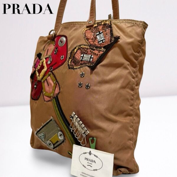 PRADA プラダ トートバッグ 三角ロゴ アップリケ 刺繍 ナイロン A4 大容量 レディース 正規品 白タグ ピンクブラウン