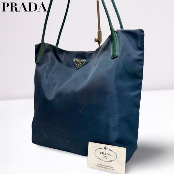 PRADA プラダ トートバッグ 三角ロゴ ナイロン A4可能 大容量 ネイビーグリーン 三角ロゴ 正規品 白タグ ユニセックス