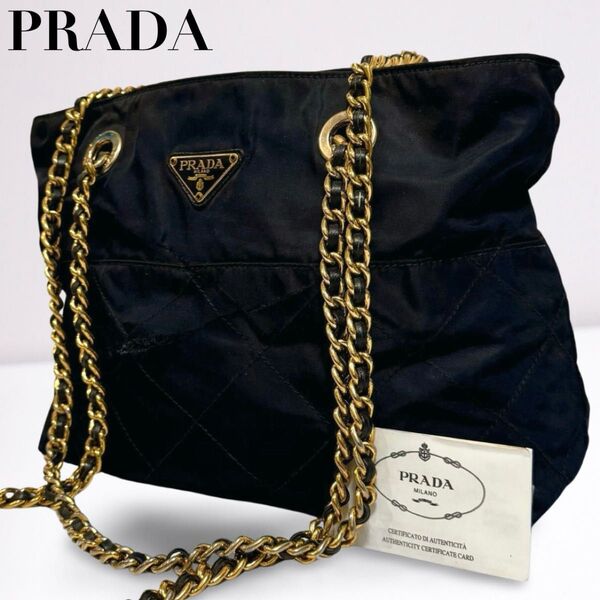 PRADA プラダ チェーン ショルダーバッグ トートバッグ 三角ロゴ ブラック 黒 ゴールド金具 白タグ 正規品 レディース