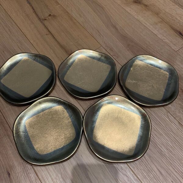 【未使用】使用金沢箔一 銘々皿角皿 菓子皿 5枚金沢手打箔 金沢伝統工芸 梅型