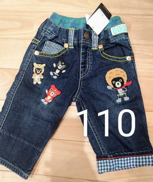 ダブルビー 110 新品 ハーフパンツ デニム ジーンズ ミキハウス ワッペン 刺繍 ダブルB 豪華