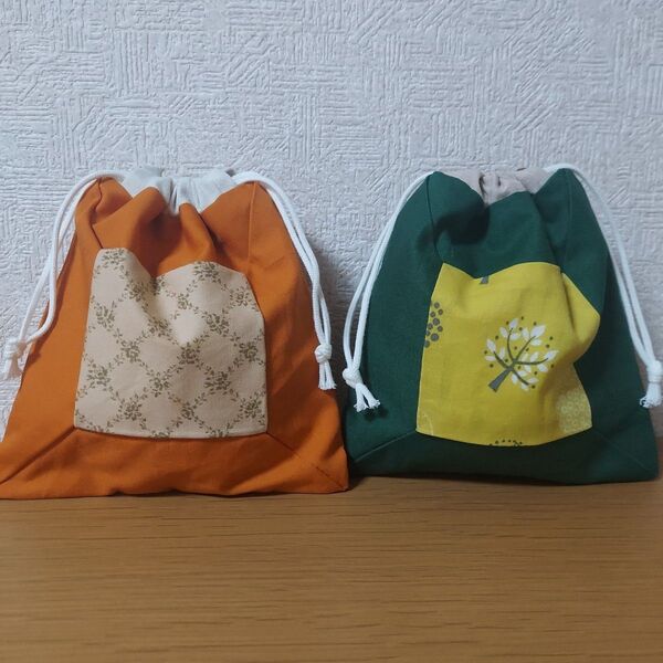 【2点セット】ハンドメイド 巾着ポーチ ポーチ ミニ巾着袋 巾着袋 小物入れ オレンジ色 緑色 02