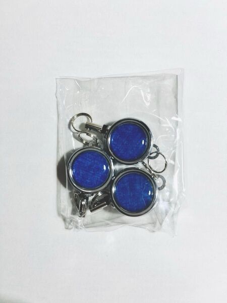 【未使用】全身金属製リールストラップ 伸縮キーホルダー 伸びるストラップ ブルー 3個
