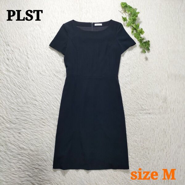 PLST プラステ 半袖ワンピース ひざ丈 ネイビー ビジネス オケージョン M