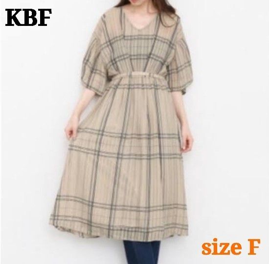 KBF ケービーエフ チェック柄フレアスリーブワンピース ひざ丈 五分袖 シフォン素材 ベージュ系 F