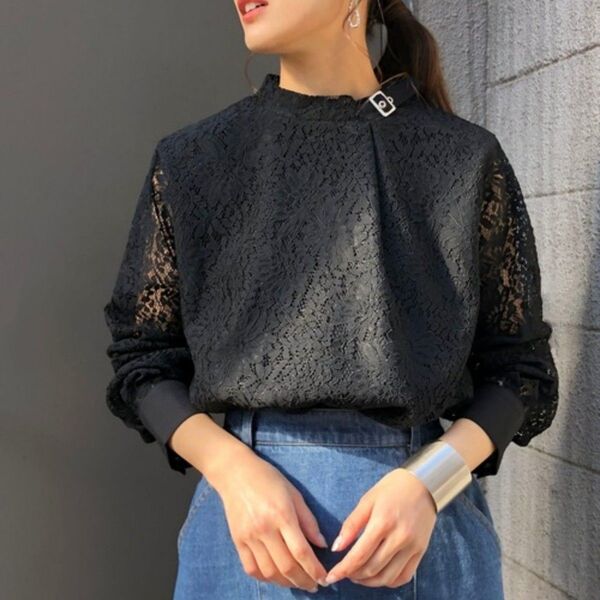 美品【&g'aime】アンジェム シアーレース ベルトつき 長袖 ブラウス シアー レース ブラック 黒 ドッキング FREE