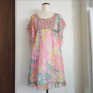 美品『GRACE Class』グレースクラス シルク 絹 ビーズ刺繍 ワンピース ドレス チュニック フレアスリーブ 総柄 柄