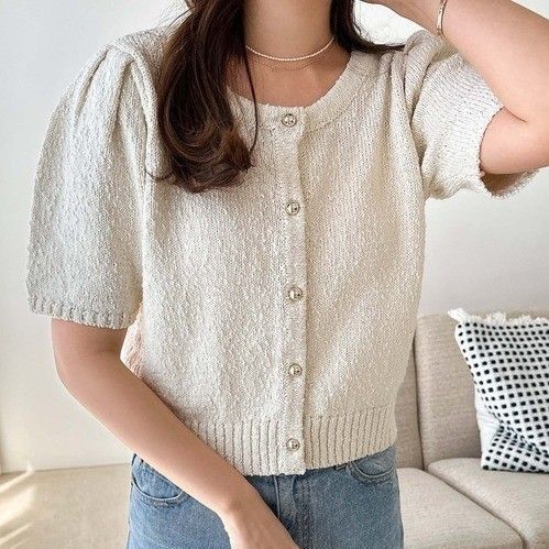 新品 タグ付き 未使用『Alma Design』2way 半袖 サマーニット カーディガン M アイボリー ニット パフスリーブ