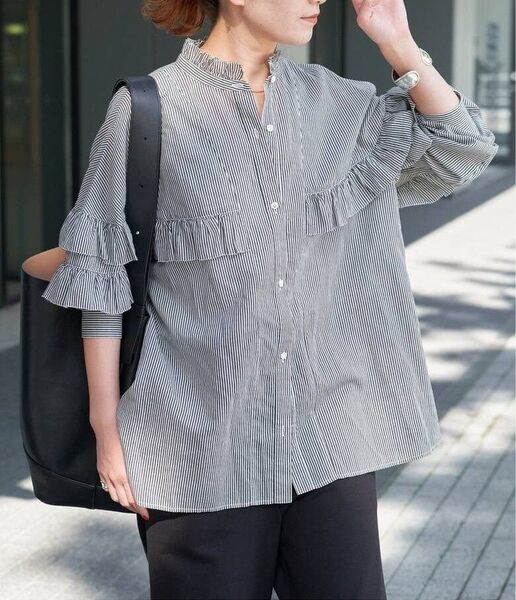 美品『Spick&Span』スピックアンドスパン コットンシルク ティアード フリルスリーブ ブラウス シャツ ストライプ 長袖